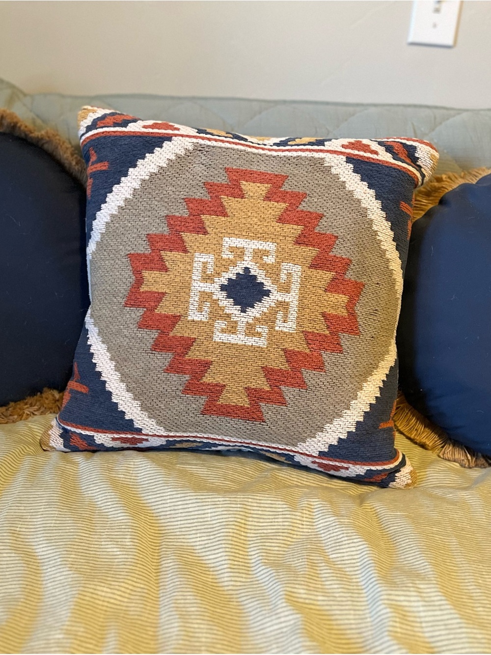 Boho Geometric Accent Pillow in Navy, Rust, and Tan - Brand Unspecified
